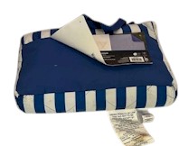 Blue and white striped beach blanket with bag
