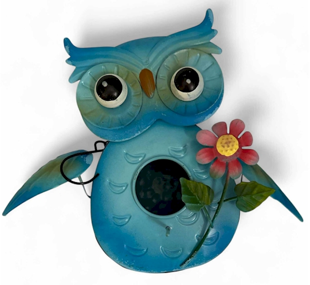 9" Wide Blue Metal Owl Birdhouse with Flower – Whimsical Outdoor Décor