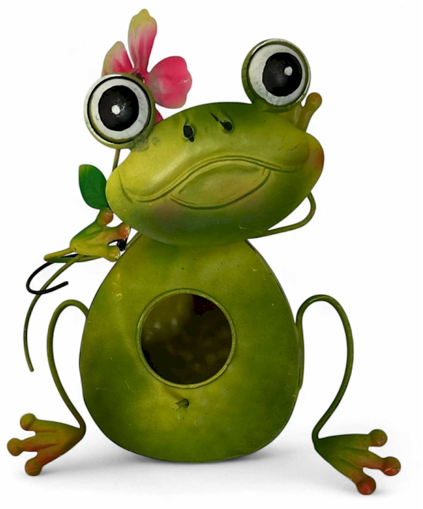 9.5" Tall Green Metal Frog Birdhouse with Flower Accent – Whimsical Garden Décor