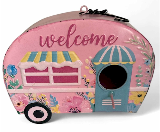 8" x 6" Pink Metal Camper Birdhouse – “Welcome” Floral Design