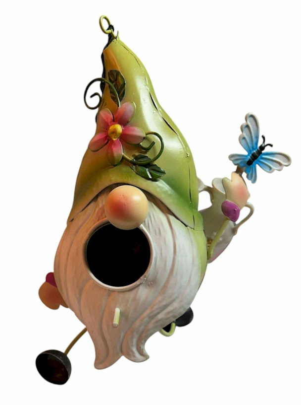 9" x 7" Metal Gnome Birdhouse with Butterfly & Flower – Whimsical Garden Décor