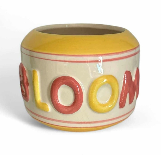 5.25" x 4.25" Porcelain “BLOOM” Planter – Yellow & Coral Raised Letter Design