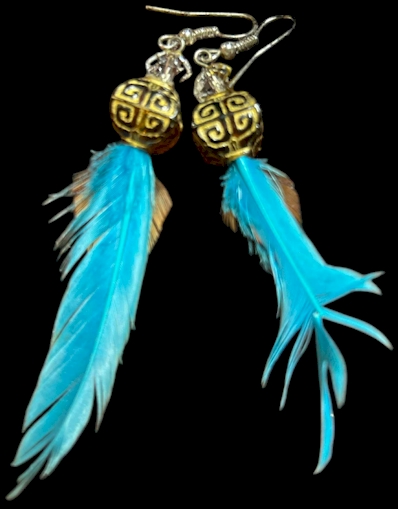 Boho Feather Dangle Earrings – 3.5 Inch Blue & Gold Statement Style