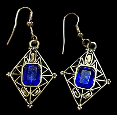 Blue Gem Geometric Dangle Earrings – 1 Inch Silver Tone