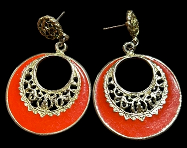 Gold-Tone Red Filigree Hoop Earrings – 1 Inch