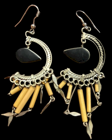 Boho Tribal Dangle Earrings – 2.5 Inch Silver Tone with Bamboo Accents