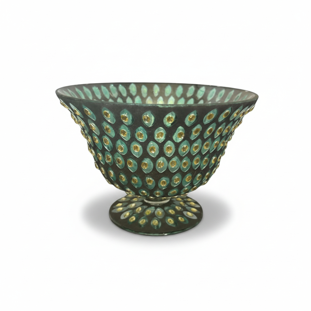 Teal and Gold Textured Glass Pedestal Bowl 6x8.25 Inch