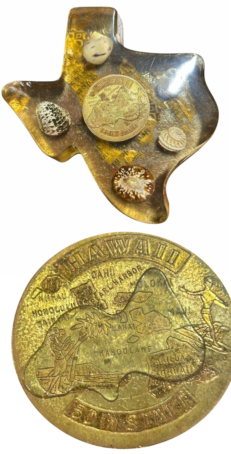 Texas Resin Souvenir with Embedded Hawaii Coin and Seashells