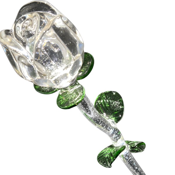 13.25" Clear Crystal Glass Rose Stem – Faceted Bloom with Green Leaves