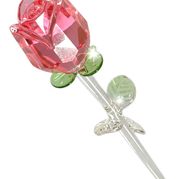 13.25" Pink Crystal Glass Rose Stem – Faceted Bloom with Green Leaves