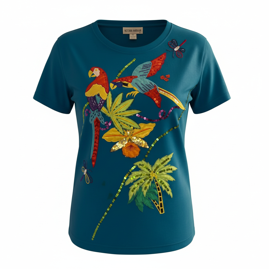 Women’s Tropical Parrot Graphic Top by Victoria Harbor Embellished Applique Casual Shirt