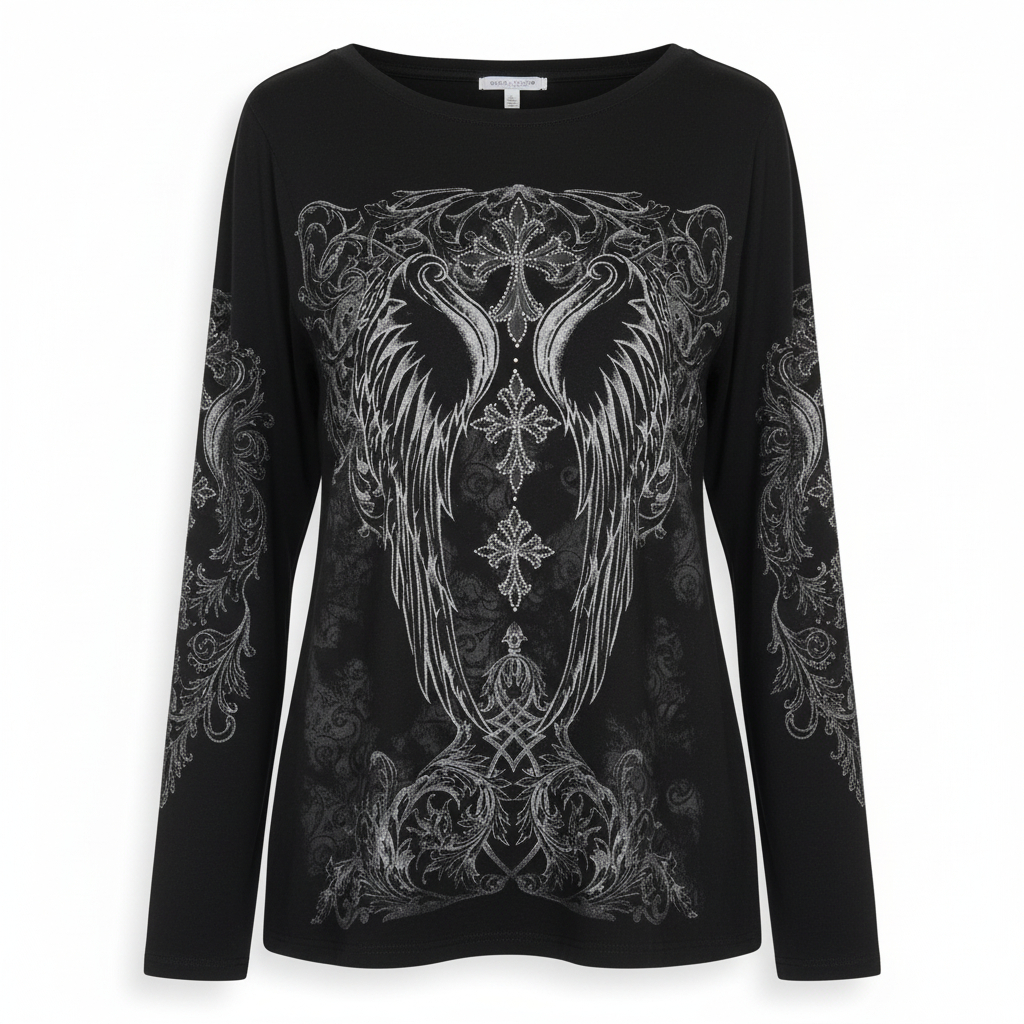 Women’s Graphic Cross Top by Katydid Long Sleeve Western Rhinestone Style Shirt