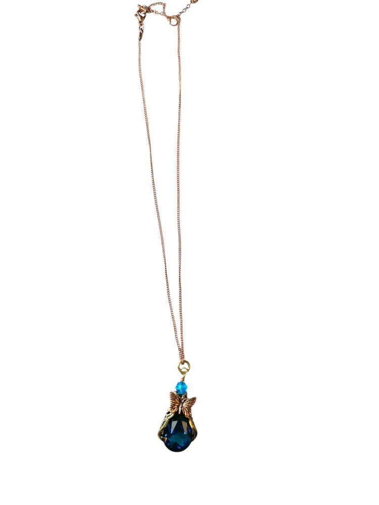 9" - Blue Crystal Necklace - Copper Butterfly Accents
