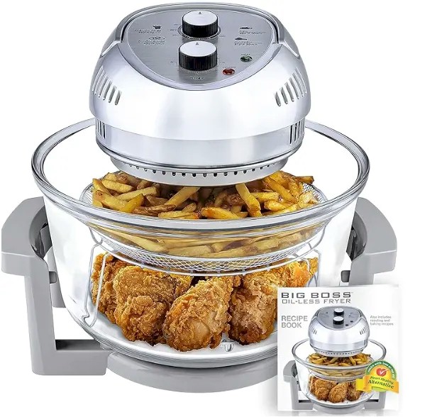 Big Boss 16Qt Extra Large Glass Air Fryer Non Toxic – Family Sized 4 in 1 Cooker with 3 Cooking Sections, Stainless Steel Racks for French Fries, Chicken, No Preheat, Self Cleaning, Dishwasher Safe