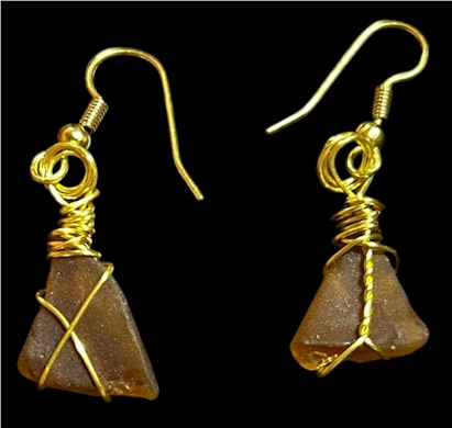 Gold Wire-Wrapped Brown Stone Earrings – 1¼ Inch