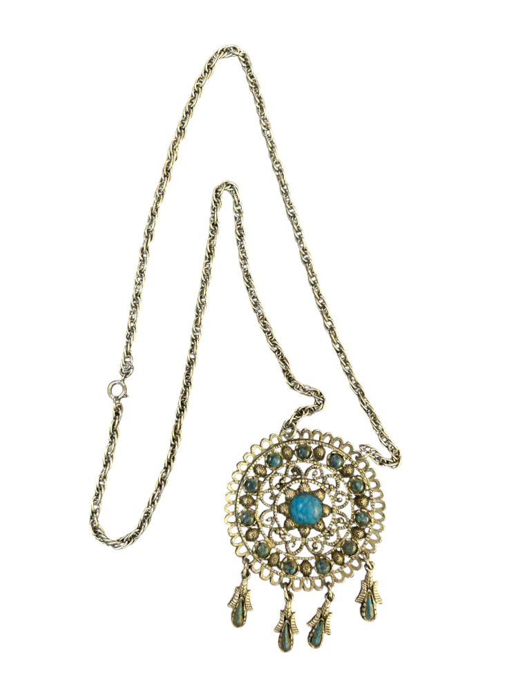 Silver Tone Real Turquoise Pendant Necklace
