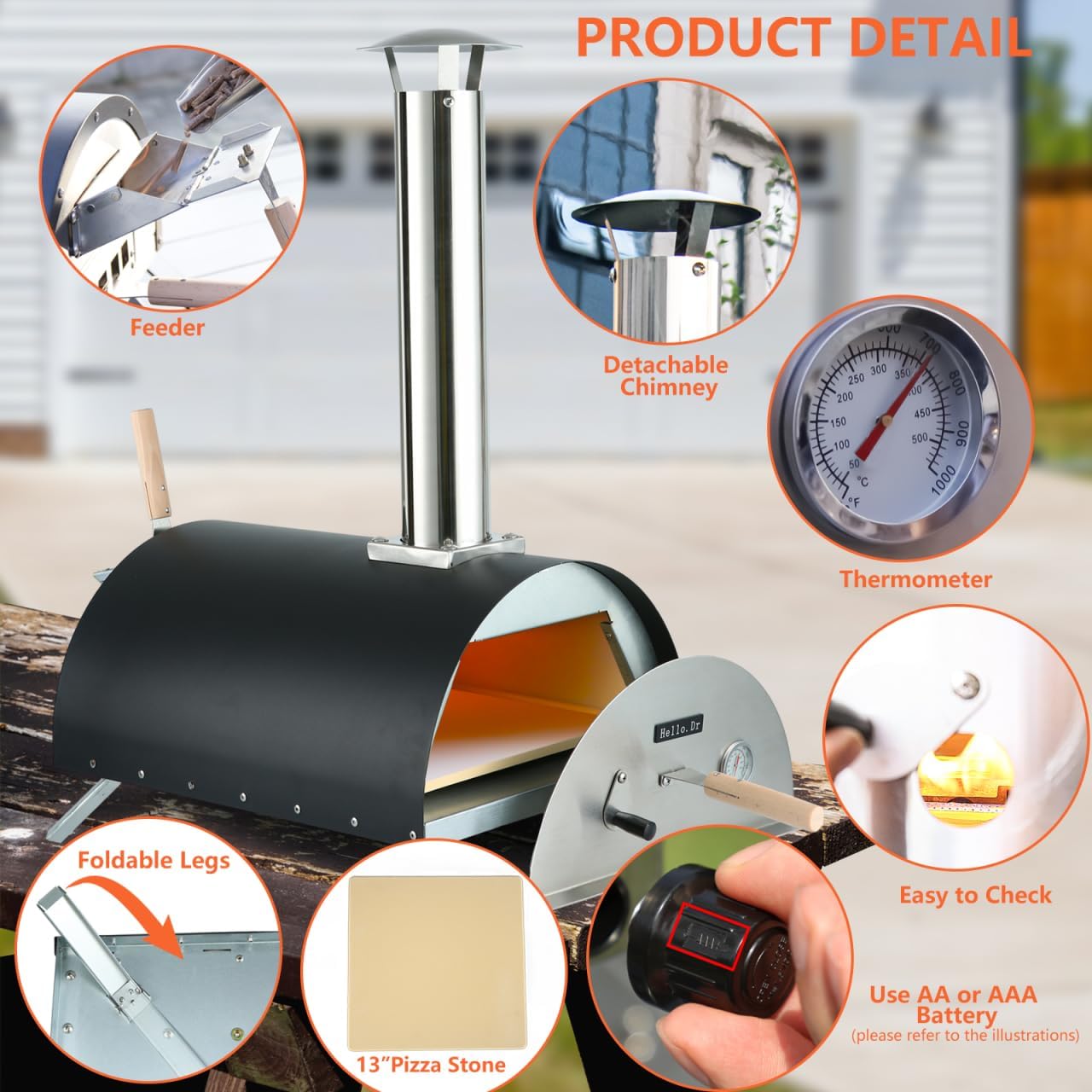 Hello. Dr 13" Multi-Fuel Pizza Oven Outdoor - Portable Wood Pellet and Gas Pizza Oven - Countertop Pizza Oven with Built-in Thermometer,Pizza Cutter..