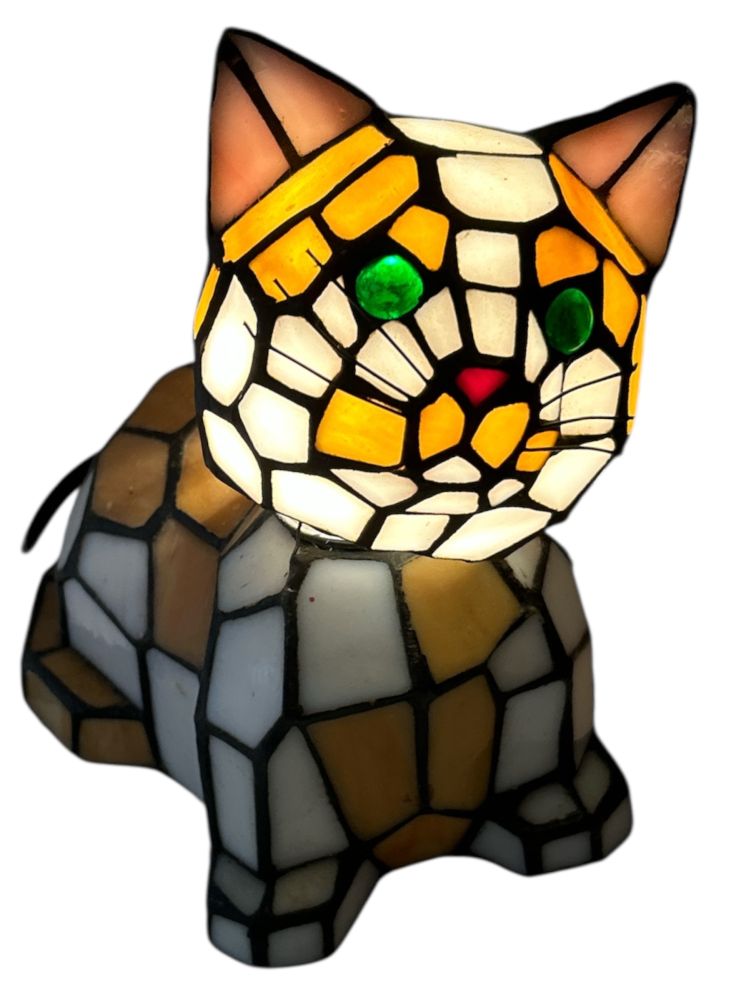 Cat Stained Glass Lamp Figurine 8x7"