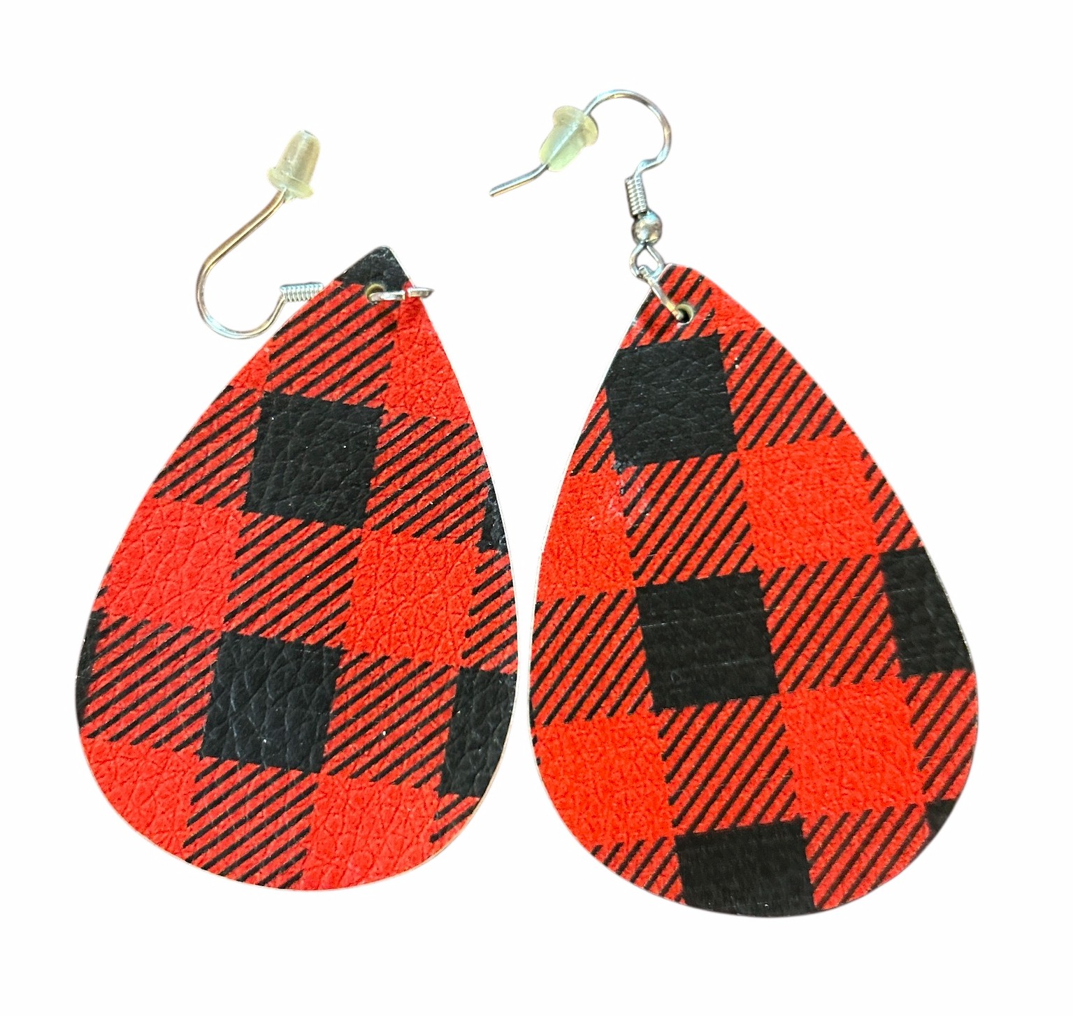 Women’s Red and Black Buffalo Plaid Faux Leather Teardrop Earrings