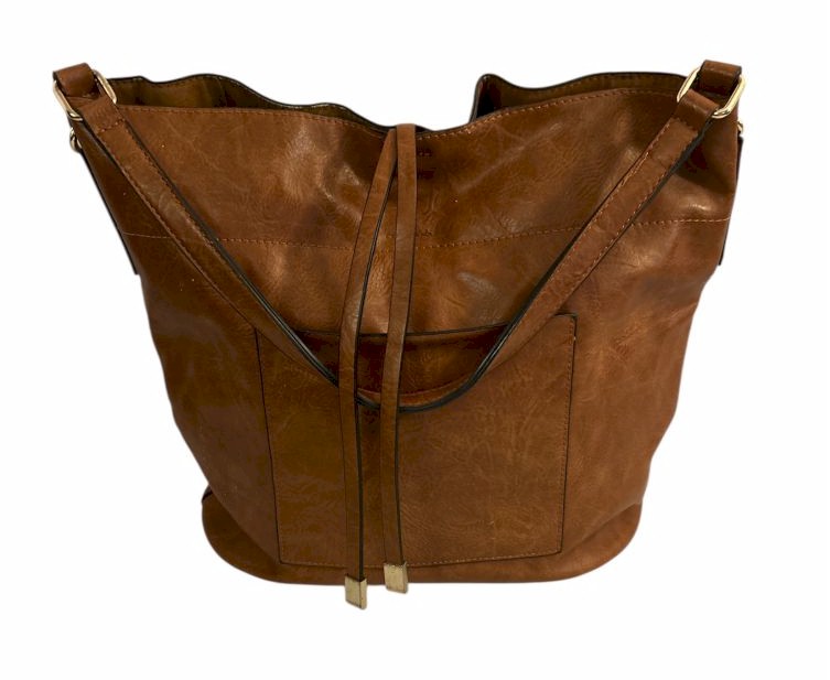 Stylish Brown Leather Tote Bag with Drawstring Closure - Size 12.5"x12.5"