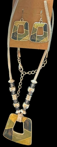 Geometric Pendant Necklace & Earring Set – 22” – Earth-Tone Enamel Design