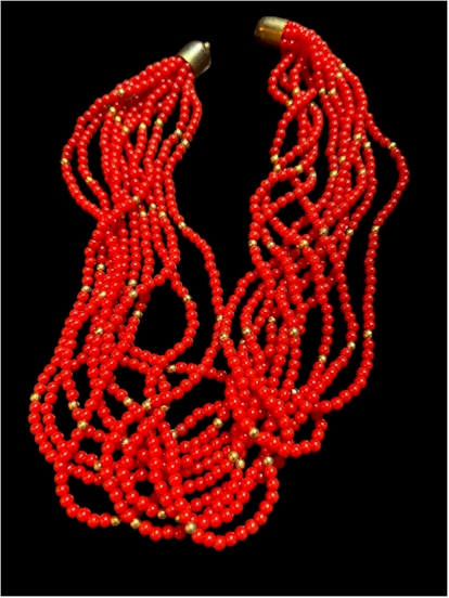 Vintage Multi-Strand Red Beaded Necklace – 18” Layered Rope Design with Gold Accents