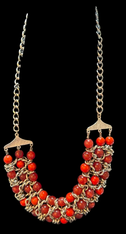 Chunky Red Beaded Statement Necklace – 24” with Gold Chain and Claw Clasp