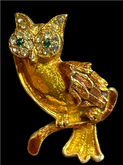 Gold-Tone Owl Brooch with Rhinestone Eyes