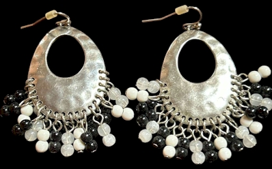 Silver Boho Dangle Earrings with Black & White Beads – 2 Inch