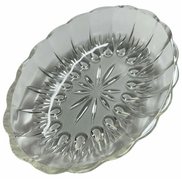 Vintage Pressed Glass Oval Dish – Starburst Pattern, 7"