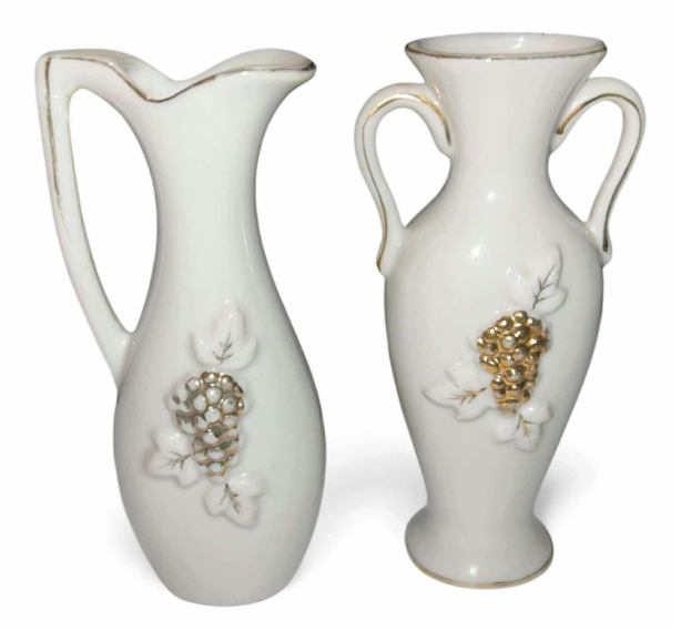Pair of White Ceramic Vases with Gold and Pearl Grape Design – 4" Tall