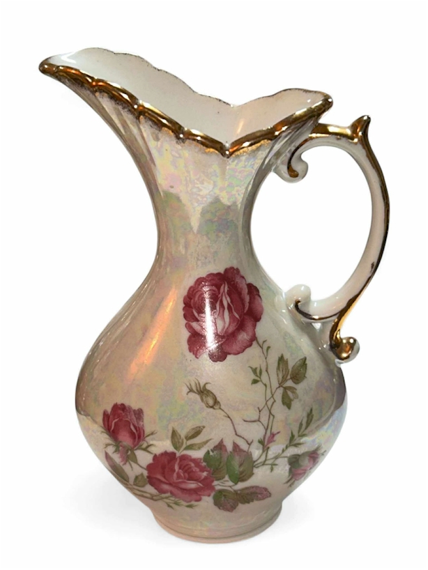Vintage Iridescent Rose Pitcher with Gold Trim – 6.5" Tall