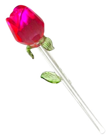 7.5" Red Crystal Glass Rose Stem – Faceted Bloom with Green Leaves (One Leaf Damaged)
