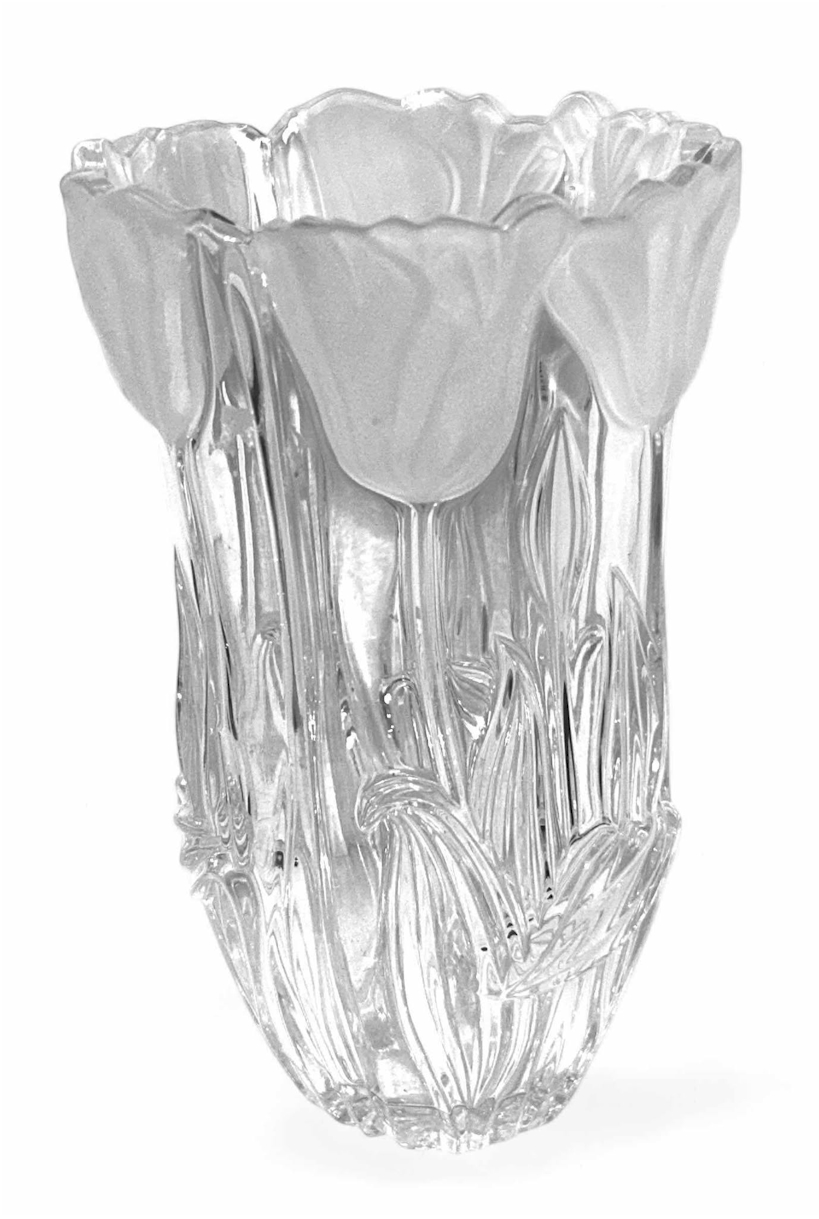 Elegant Clear Glass Tulip Vase – 8” Heavy Floral Relief Design