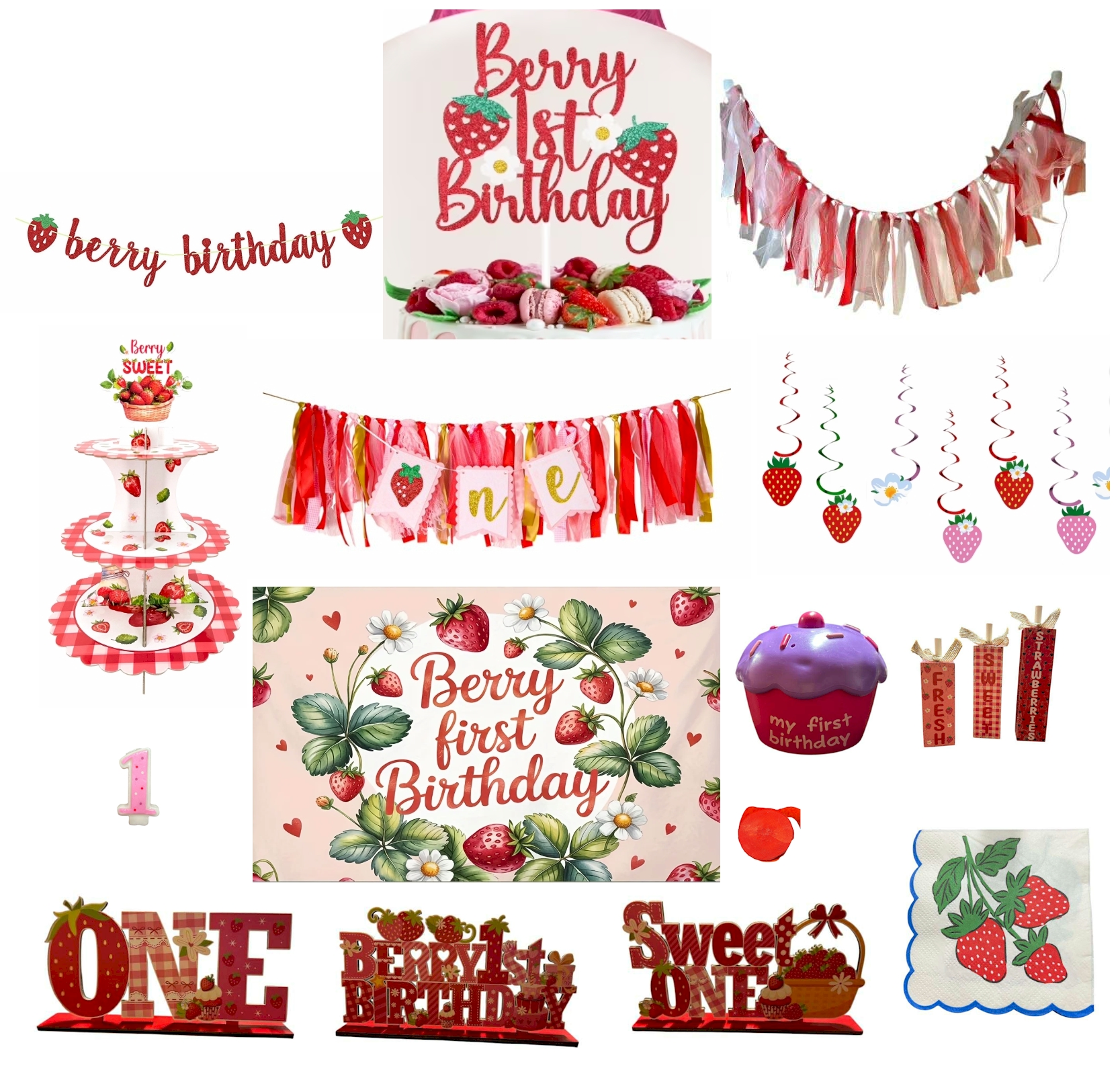Berry Sweet Strawberry 1st Birthday Party Décor Set – Complete Kit