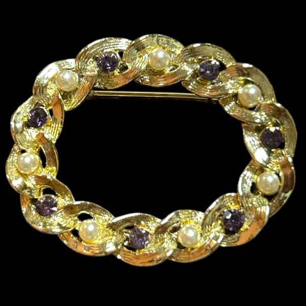 Gold Tone Oval Brooch with Faux Pearls and Purple Rhinestones – 1.5 Inch