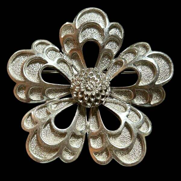 Silver Tone Open Petal Flower Brooch – 2 Inch