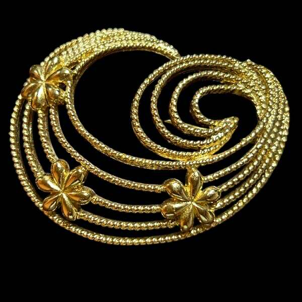 Gold Tone Spiral Brooch with Floral Accents – 2.25 Inch