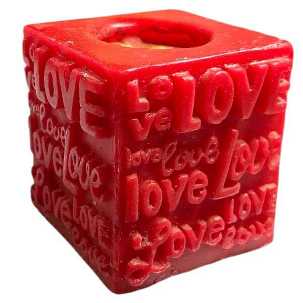 Red Embossed Love Cube Candle – Approx 3 in