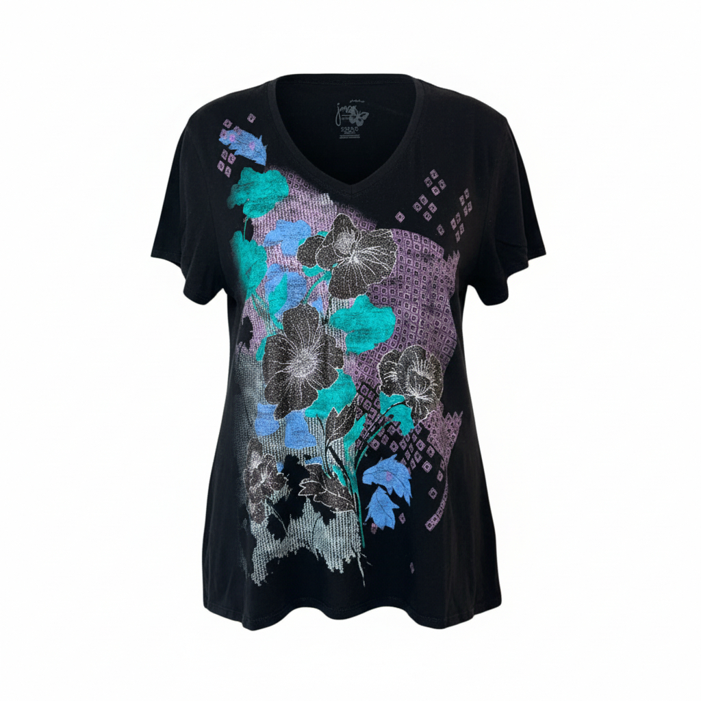 Women’s Graphic V Neck Top by Just My Size Floral Print Comfortable Casual Tee