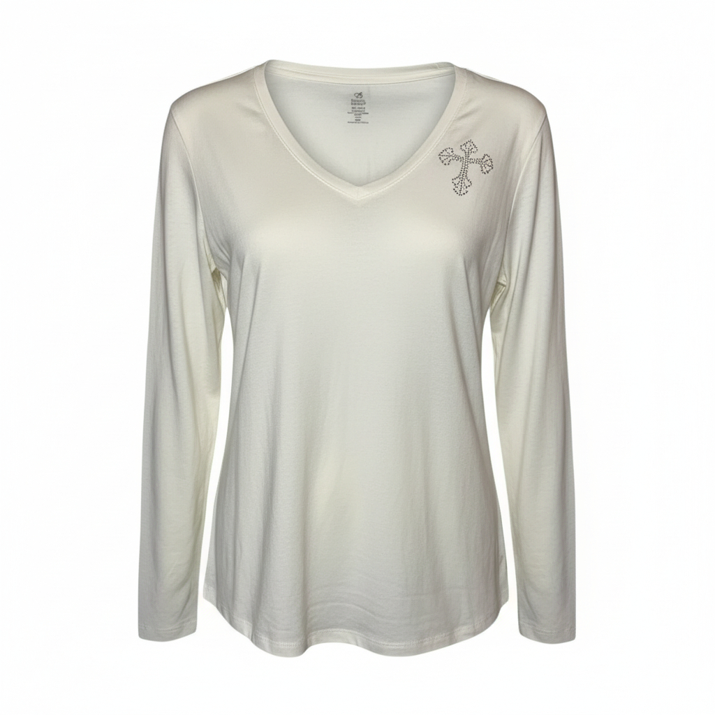 Women’s Rhinestone Accent Top by Bobbie Brooks Soft Stretch Casual V Neck Shirt