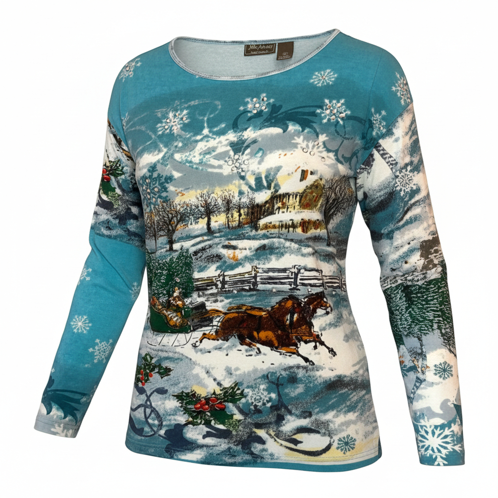 Women’s Scenic Print Top by Jane Ashley Holiday Winter Horse Sleigh Graphic Shirt