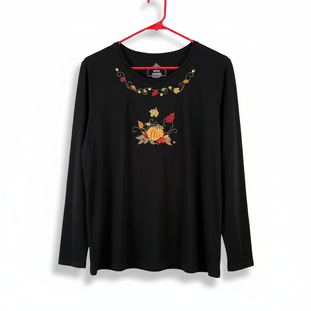 Women’s Embellished Fall Graphic Top Pumpkin Autumn Leaves Cotton Shirt