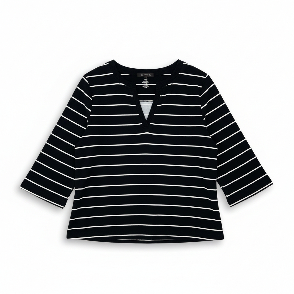 Women’s Striped V Neck Top by Bobbie Brooks Black White Casual Everyday Shirt