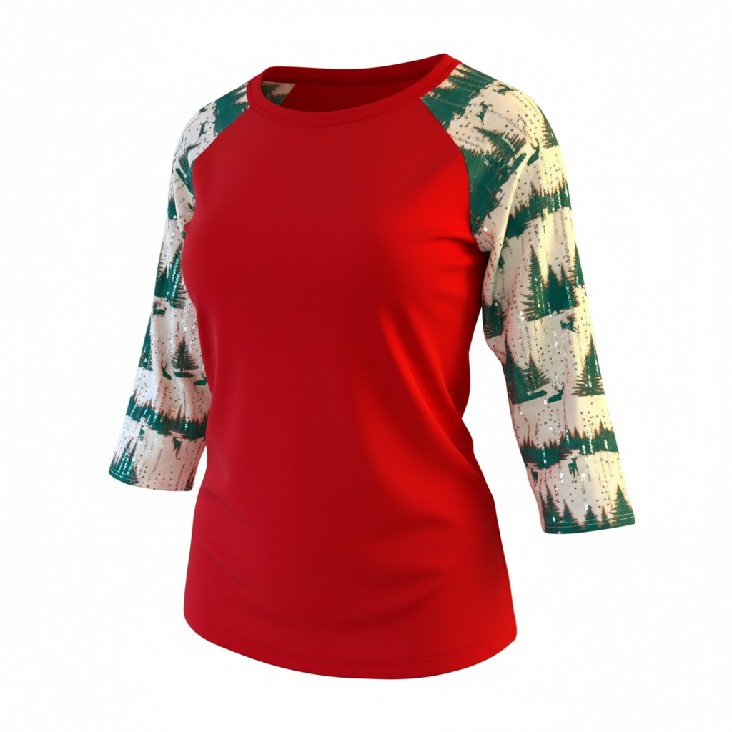 Women’s Raglan Sleeve Top by Giddyup Glamour Red Holiday Christmas Tree Boutique Shirt