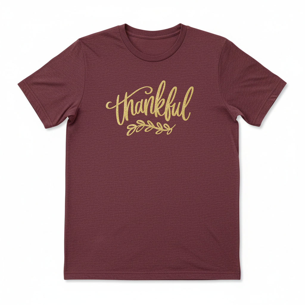 Women’s Graphic Tee Thankful Script Fall Autumn Shirt Burgundy Casual Top
