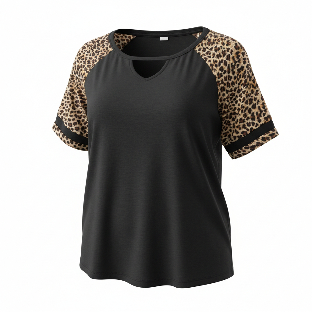 Women’s Leopard Sleeve Top by Sunshine Black Casual Short Sleeve Raglan Shirt