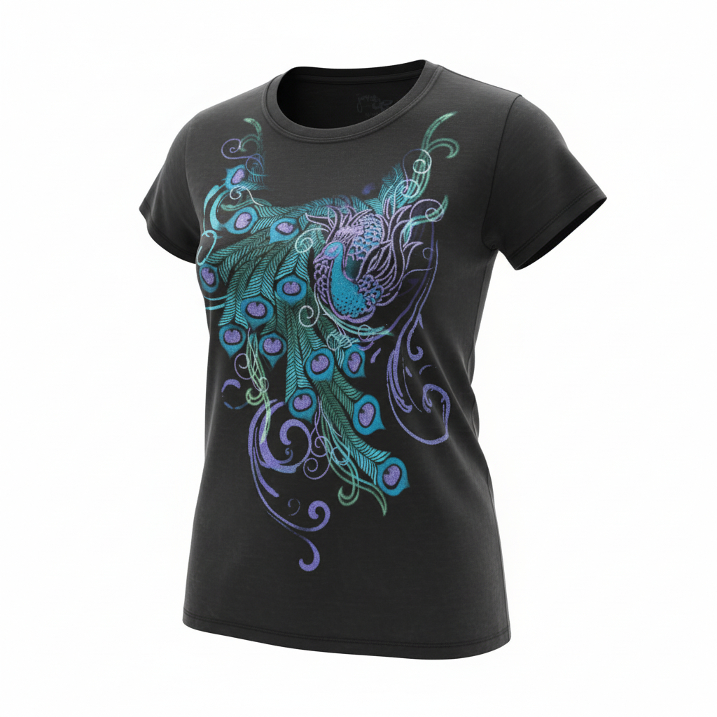 Women’s Graphic Peacock Tee by Just My Size Black Short Sleeve Casual Shirt