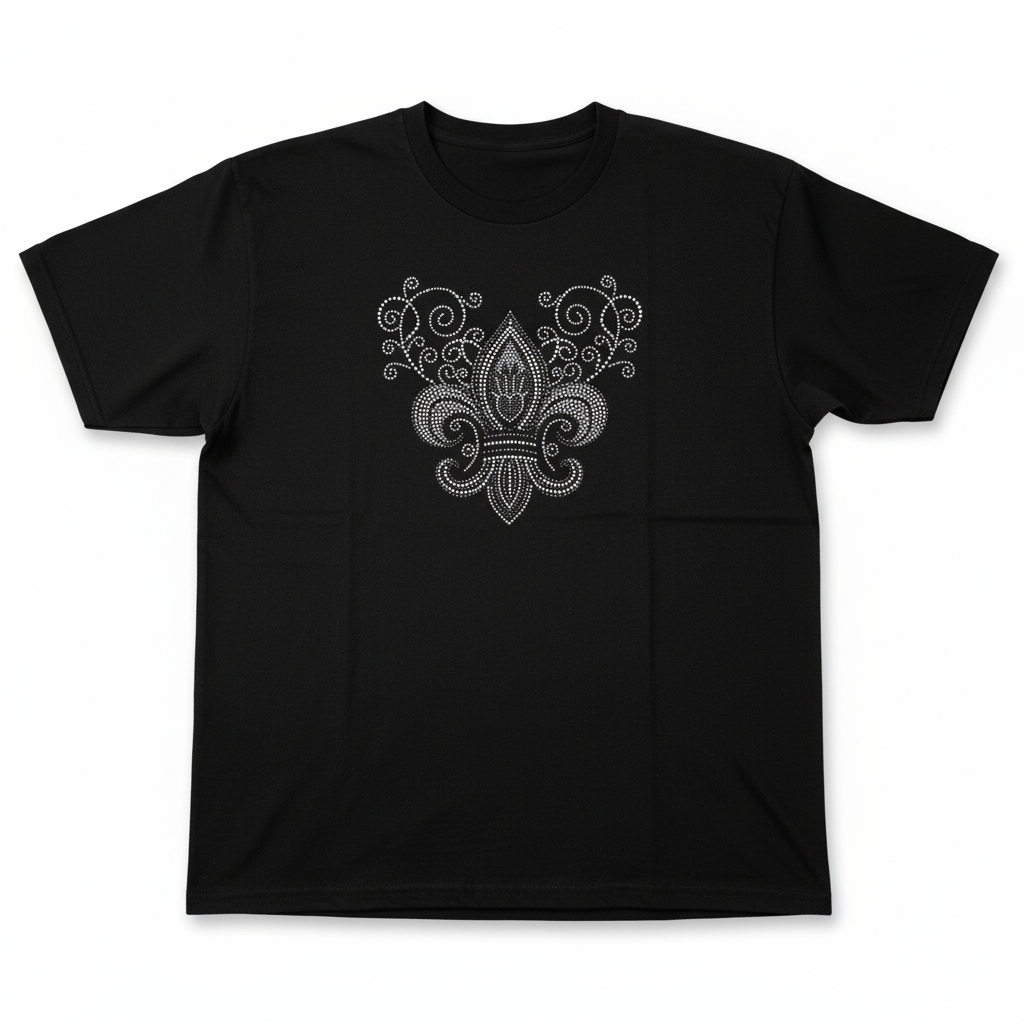 Women’s Rhinestone Fleur de Lis Graphic Tee Black Short Sleeve Casual Shirt