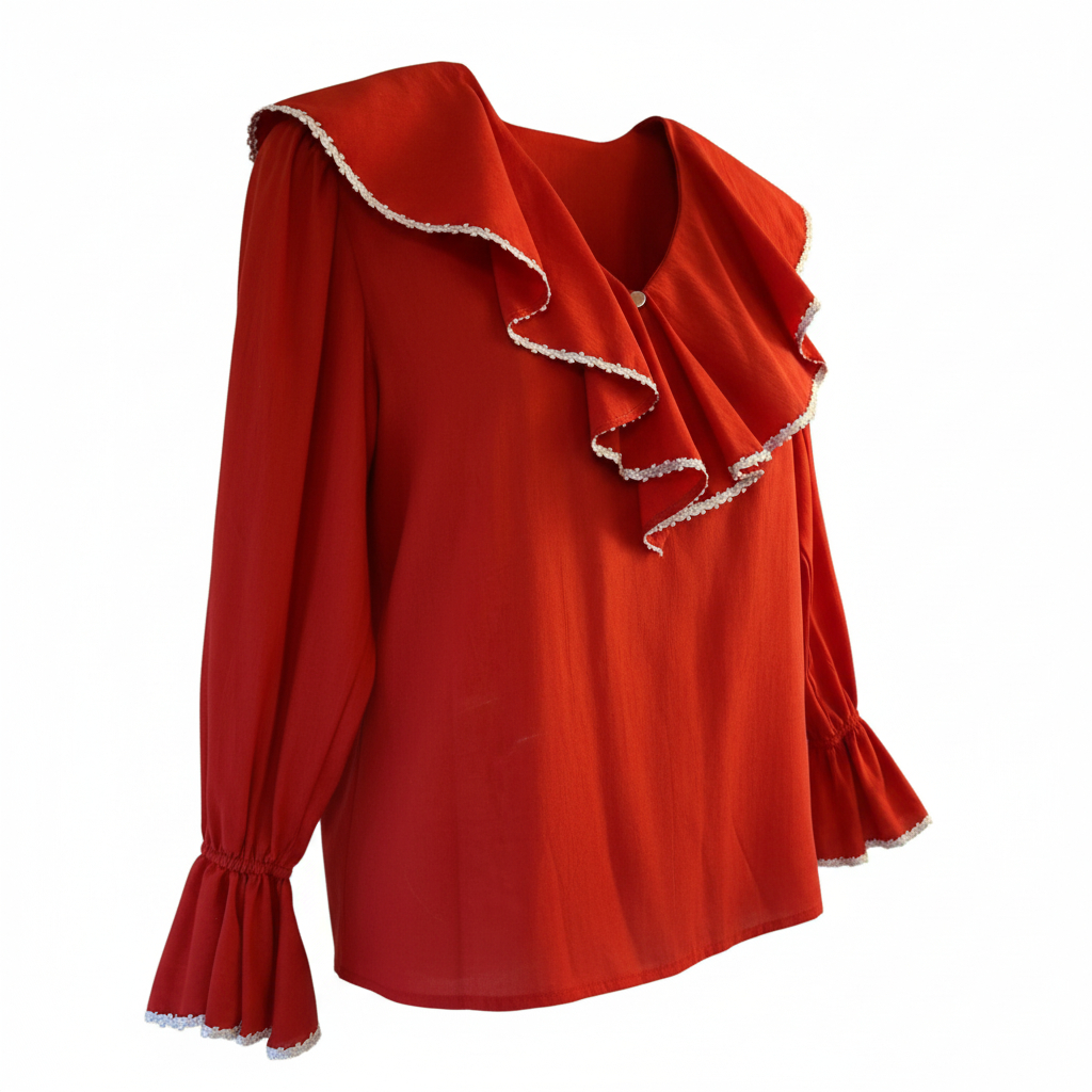 Women’s Vintage Red Ruffle Collar Dress Blouse by Lilia Snuilty Exclusive Large Long Sleeve Dressy Top